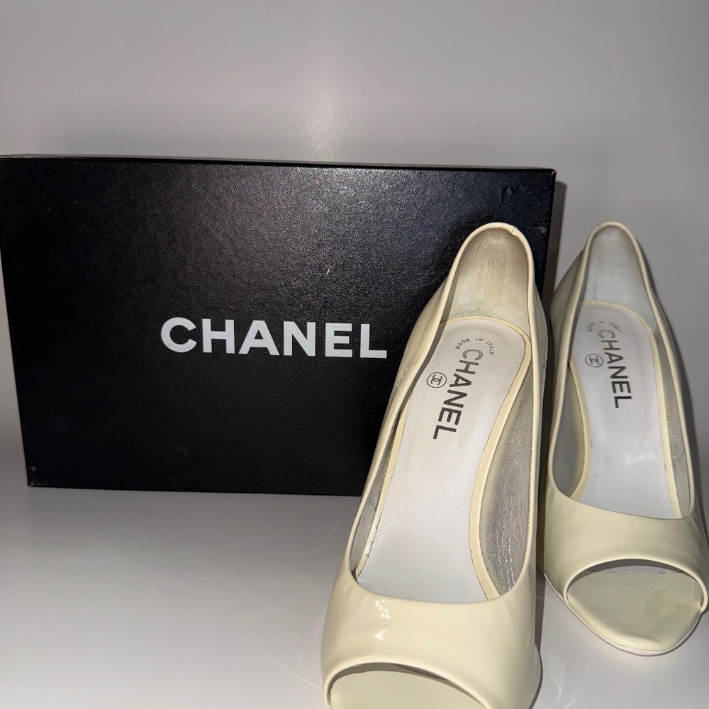 Chanel Ivory Peep Toe Pump with Gunmetal Heel